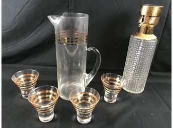 MCM Glass Pitcher And Four Gold Trimmed Glasses And Glass Pump Spritzer