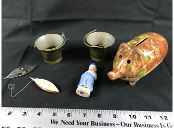 Boye Sewing Threaders Pat 1923, Two Miniature Buckets Made In Sweden, Pig Bank Made In Austria Boy Statue.