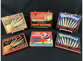 6 Vintage Crayon And Paint Tin Boxes With Two Have Supplies