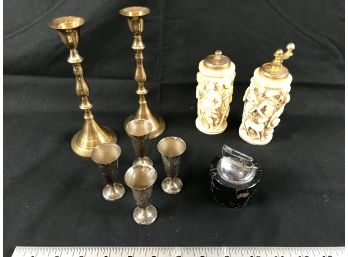 Two Brass Candlesticks, Salt And Pepper, Four Silver Plated Miniature Cups  And Marble Table Lighter