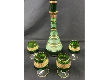 Green Glass  Gold Detailed Cordials With Bottle