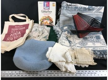 Assorted Blankets, Bags, Napkins, Cookie Press