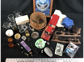 A True Potpourri Grab Bag Of Items, German US Zone Glass, Old Skates, Sewing, Glassware, Inkwell, Knickknacks