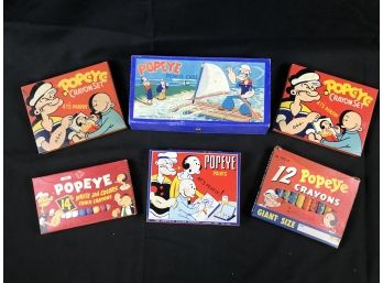 Vintage Popeye Paint Set, Crayons, Chalk And Pencil Case
