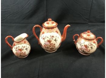Three-piece Antique Japanese Tea Pot, Creamer, And Sugar Bowl