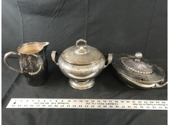 Three Silver Plate Items, Pairpoint Ornate Bowl, Pitcher And Covered Dish