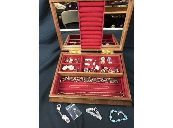 Jewelry Box With Variety Of Costume Jewelry, Pins, Necklaces, Bracelets, Earrings