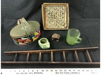 Old College Pennant Tin, 2 Ceramic Frogs, Old Glass Measuring Cup, Colonial Looper Loom, Wooden Ladder