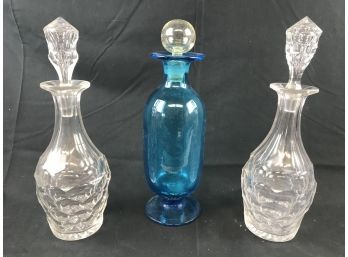 Three Decanters, Blue Blown Glass Rough Pontil And 2 Clear Crystal