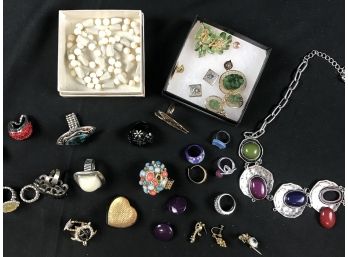 Lot Of Costume Jewelry, Necklace, Earrings, Rings, Pins
