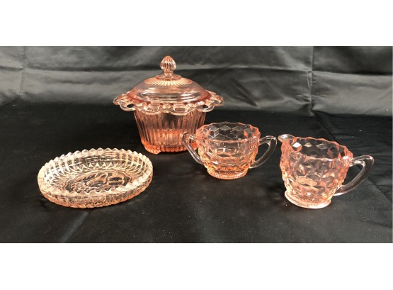 Depression Glass Bowl With Lid, Dish, Creamer And Sugar