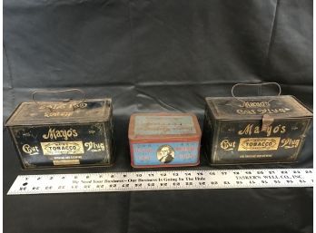 Three Vintage Tobacco Tins. Mayo’s And George Washington Smoke To Cut Plug