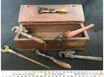 Pipe Wrench Collection With Wood Toolbox