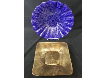 Lacquered Brass Glass Dish And Blue White Ruffled Glass Bowl