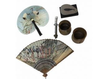 Assorted Items Including Paper Fans