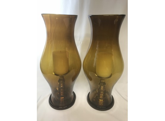 Pair Of 1960s Large Colonial Williamsburg Brass Candleholders And Blenko  Shades