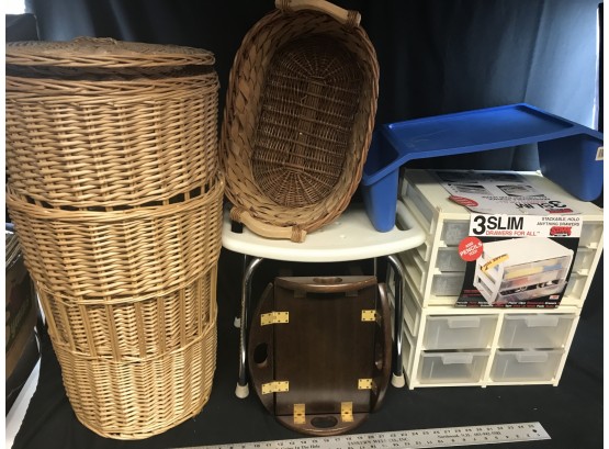 Miscellaneous Lot, Large Laundry  Wicker Baskets, Wood Hinged Table, Plastic Drawers, Seat