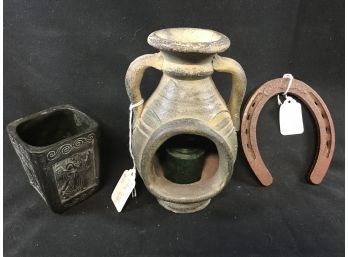 Good Luck Metal Horseshoe, Pottery Candle Holder, Handmade In Greece Container