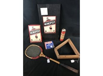 Game Lot - 1954 Monopoly, Bang Caps, Fiddlestix , Squash Racket, Tennis Racket Press