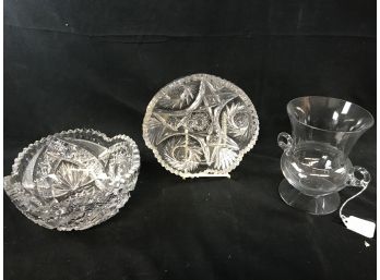 2 Cut Glass Bowls And Two Handled Vase