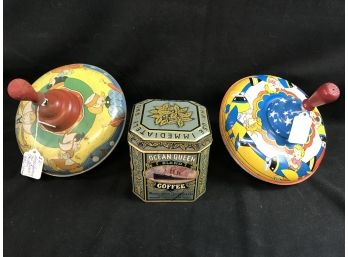 2 Metal Spinning Tops And Ocean Queen Coffee Tin