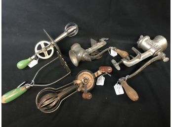Lot - Keystone And Climax Meat Grinders, Ladd & A& J Eggbeaters, Potato Masher