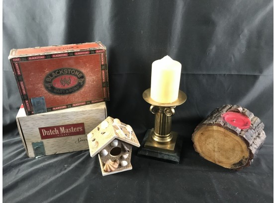 Lot Of Candles, Birdhouse, Cigar Boxes