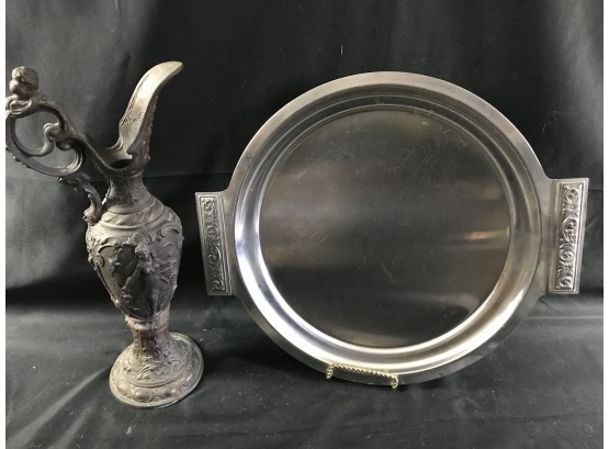 Metal Platter Made In Japan And Decorative Vase Pitcher