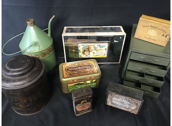 Assorted Tins And Small Four Drawer Metal Box
