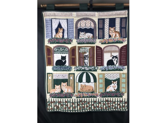 Cats In Window Tapestry On Wooden Dowel 30” X 25”