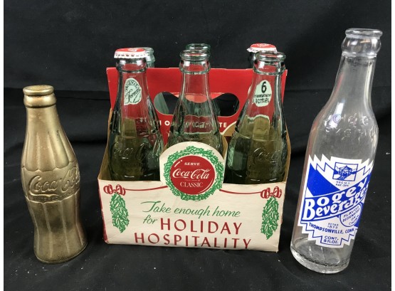 Coca-Cola Six Pack With Bottles Holiday Hospitality, Bogey Beverage, Gold Painted Coke Bottle