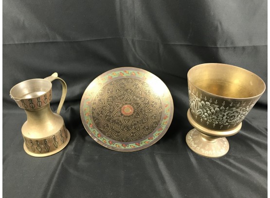 Brass Bowl, Planter, And Pitcher, Painted  Made In India
