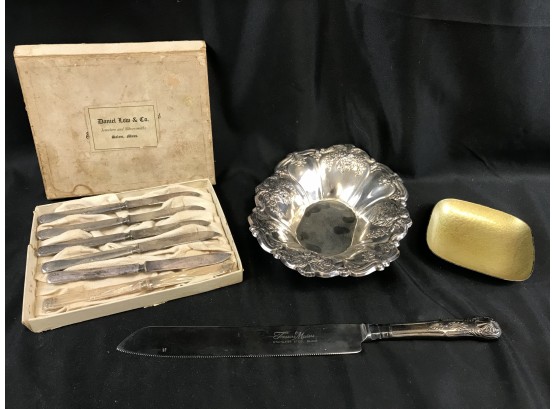 Silver Plate Lot, Rogers  Knives, Wallace Silverplate Bowl, Treasure Masters Cake Knife, Reed Barton Mini Dish