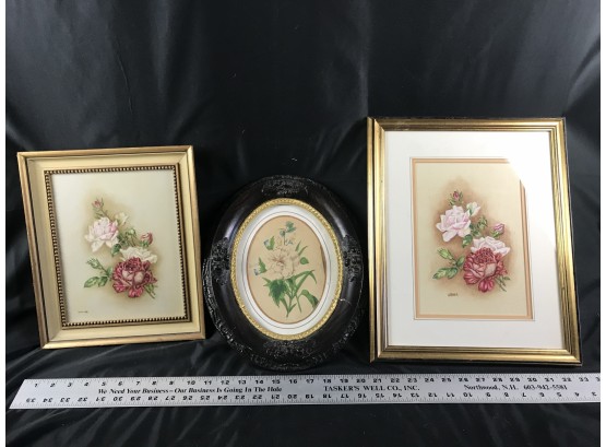 Two Original Paintings By Elinor Warner, And Oval Victorian Frame With Flower Print