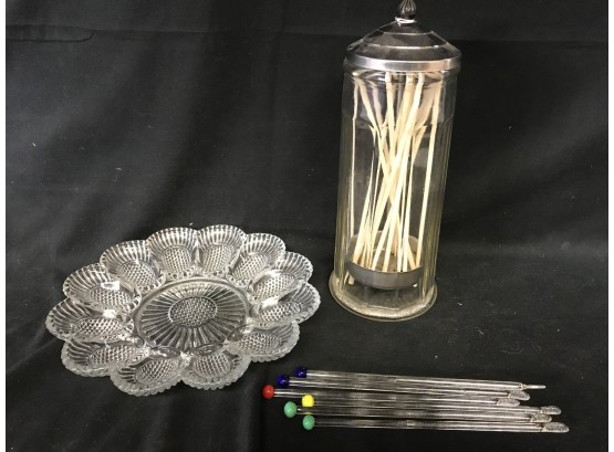 Indiana Glass Deviled Egg Plate, Set Of Glass Straws, Vintage Straw Dispenser