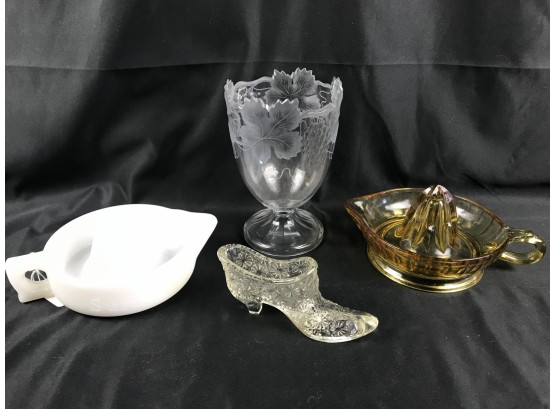 Two Glass Reamers, Daisy And Bulton  Glass Shoe, Glass Vase Container