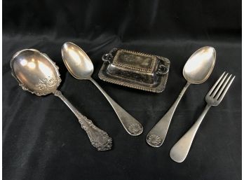 Silver Plate And Nickel Silver Utensils And Miniature Tray