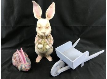 Vintage Papier-mâché Rabbit From Alice In Wonderland, Ceramic Bunny, Wooden Miniature Wheelbarrow