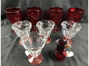 Set Of Four Red Glasses, Four Anchor Hocking Sherbet, Miniature Red Pitcher