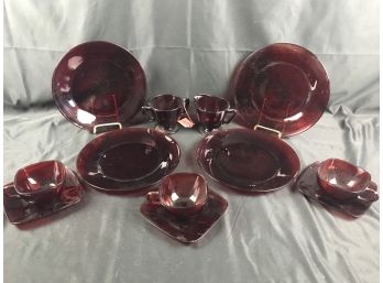 Ruby Red Glass Dinner Plates Cups And Saucers, And Cream And Sugar
