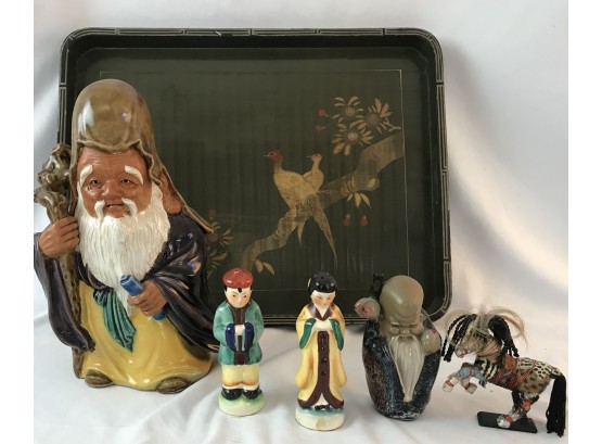Lot Of Asian Figurines And Lacquerware Tray