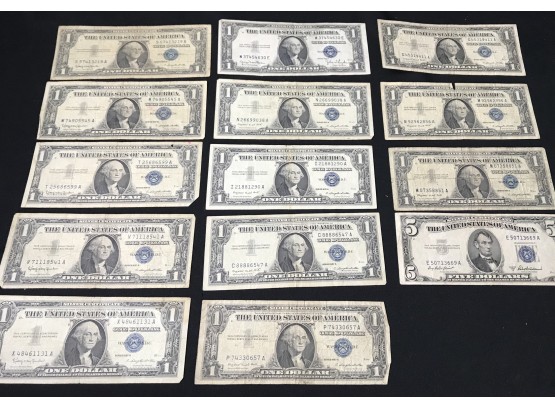 Five Dollar/13 One Dollar Silver Certificate Currency