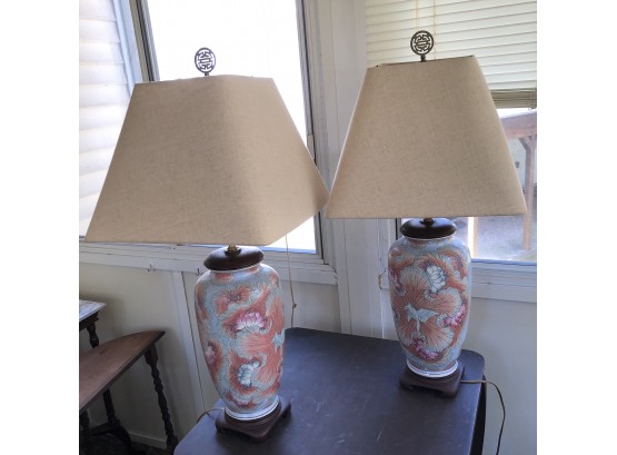 Pair Of Asian Inspired Lamps With Linen Shades
