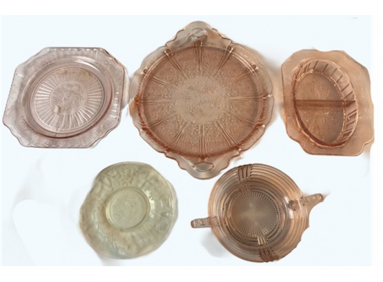 Five Pieces Of Pink Depression Glass