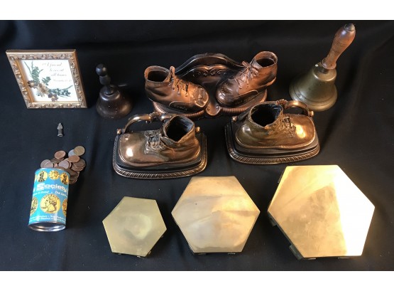 1950s Bronzed Baby Shoes, Bells, Coin Bank, More