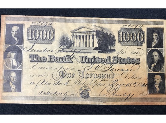 $1000 Bank Note The Bank Of United States In 1840