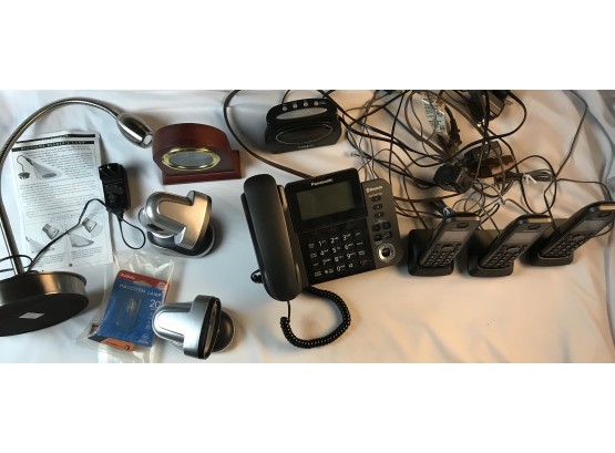 Panasonic Telephone, Desk Lamp, Clocks, Portable Lights.