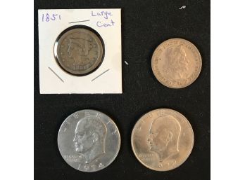 1851 Large One Cent US, Columbus Half Dollar, 2 Eisenhower Dollars.