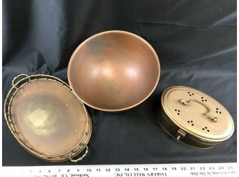 Two Brass Container And Tray And Copper Bowl