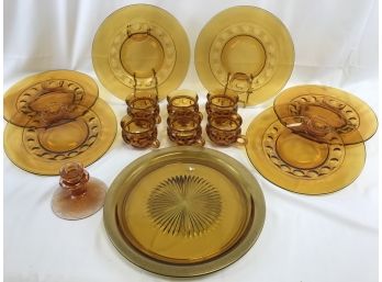 Large Lot Of Amber Color Glass, 6 - 10.5” Plates, 6 Cups, Large 12.5” Golden Platter, Marigold Candle Holder